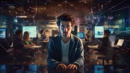 A dynamic close-up portrait of a tech innovator analyzing data on multiple digital screens, showing advanced technology and innovation.の素材