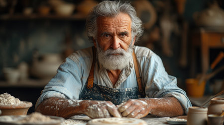 A detailed portrait of an elderly male potter meticulously crafting pottery in a traditional studio, surrounded by handmade ceramic pieces.の素材