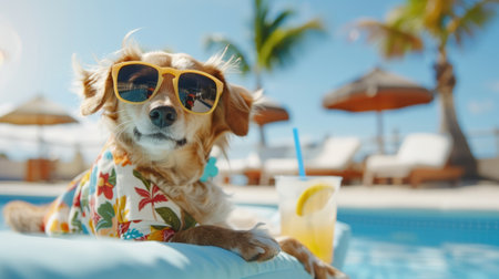 A cheerful dog dressed in a Hawaiian shirt and red sunglasses enjoys a sunny day by the pool.の素材