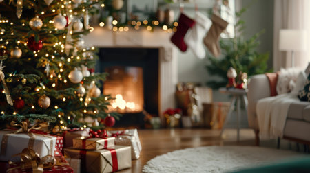 A warm, inviting Christmas scene featuring a beautifully decorated tree, glowing fireplace, and festive gifts.の素材