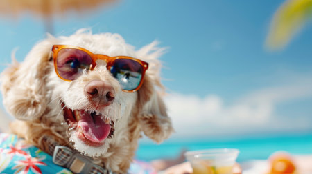 A cheerful dog dressed in a Hawaiian shirt and red sunglasses enjoys a sunny day by the pool.の素材