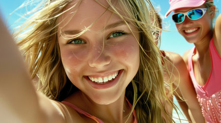 A close-up of a group of friends enjoying a sunny day at the beach, capturing their happy and carefree expressions.の素材
