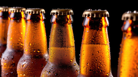 The image showcases a row of chilled beer bottles with condensation droplets, highlighting their refreshing quality.の素材