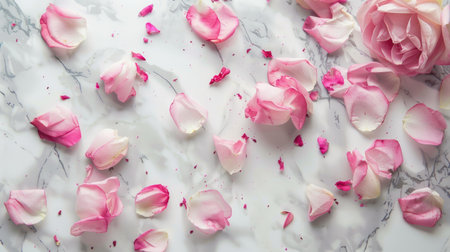 Delicate pink rose petals and blooms scattered on a marble surface, providing ample copy space for text.の素材