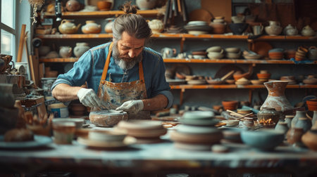 A detailed portrait of an elderly male potter meticulously crafting pottery in a traditional studio, surrounded by handmade ceramic pieces.の素材
