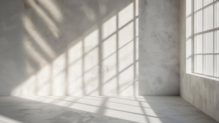 Sunlight filters through a window, casting geometric shadows on a textured concrete wall.の素材