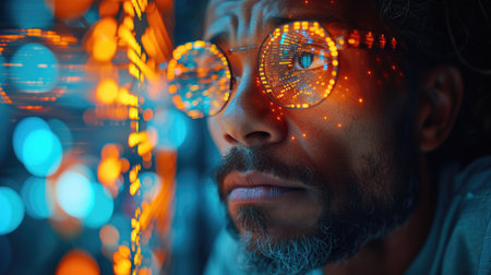A dynamic close-up portrait of a tech innovator analyzing data on multiple digital screens, showing advanced technology and innovation.の素材