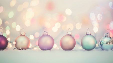 Elegant pastel-colored Christmas ornaments against a soft bokeh background with ample copy space for text.の素材