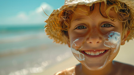 A cheerful young boy with sunscreen on his face, enjoying a sunny day at the beach.の素材