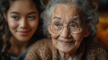 A young woman smiles while spending time with her elderly grandmother in a cozy home environment.の素材