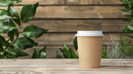A sustainable coffee cup mockup set against a natural plant backdrop on a wooden table.の素材