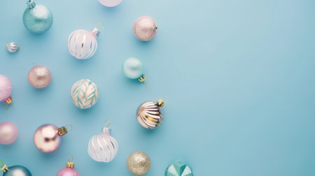 A variety of pastel-colored Christmas ornaments are creatively arranged on a blue background, providing ample copy space.の素材