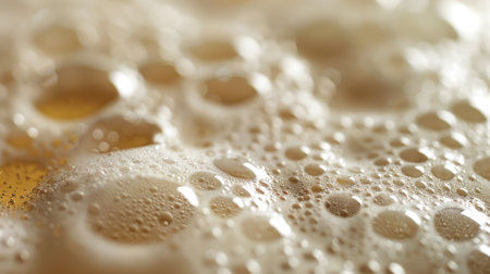 A detailed close-up of beer foam, showcasing bubbles and splashes against a dark background.の素材