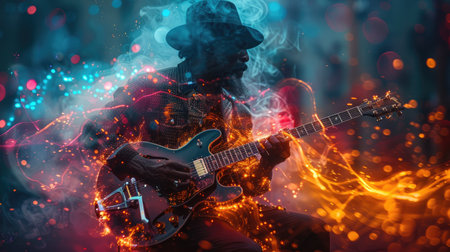 A double exposure image of a musician playing guitar, overlaid with glowing light effects.の素材