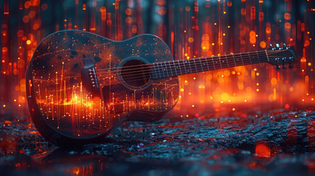A double exposure image featuring a guitar surrounded by vibrant glowing orange lights in a dark, atmospheric setting.の素材