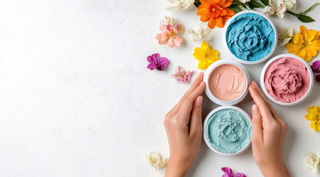 An overhead shot of hands holding small bowls filled with colorful creams surrounded by flowers.の素材