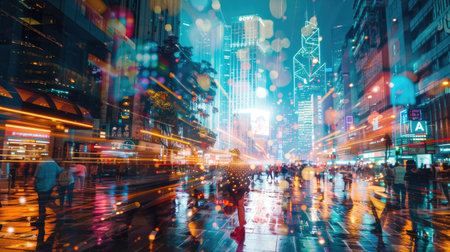 Double exposure of a city skyline at night overlaid with reflections and vibrant lights.の素材