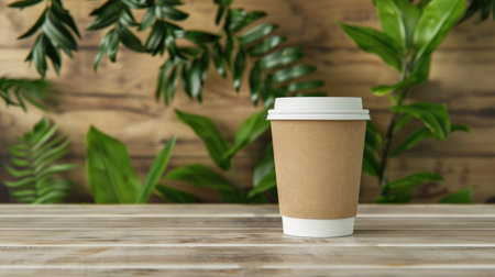 A sustainable coffee cup mockup set against a natural plant backdrop on a wooden table.の素材