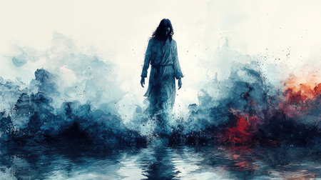 Abstract watercolor depiction of Jesus walking on water, surrounded by calm blue tones.の素材