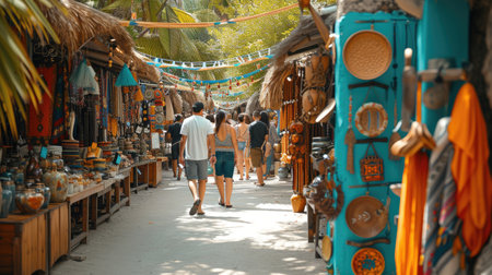 A vibrant local artisan market bustling with colorful pottery and people exploring the lively surroundings.の素材