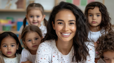 A joyful Hispanic teacher interacts with a diverse group of preschool children, fostering early learning and development in a positive classroom environment.の素材