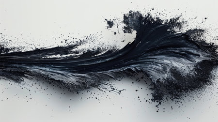 A dynamic Asian brush stroke in black ink with splashes, isolated on a white background, creating an energetic and expressive artistic effect.の素材