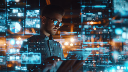 A dynamic close-up portrait of a tech innovator analyzing data on multiple digital screens, showing advanced technology and innovation.の素材