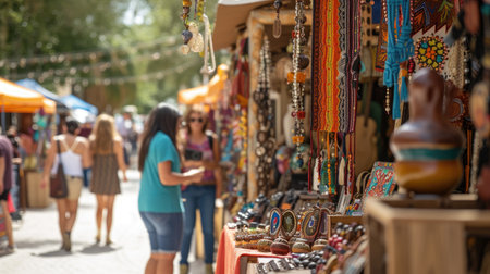 A vibrant local artisan market bustling with colorful pottery and people exploring the lively surroundings.の素材