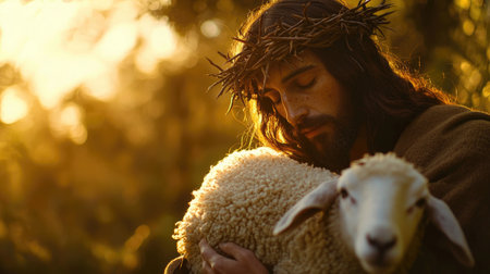 A serene portrayal of Jesus Christ, crowned with thorns, tenderly holding a lamb at sunset.の素材