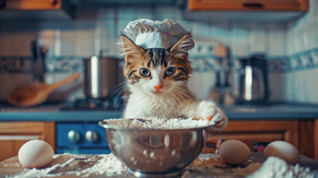 An amusing image of a cat dressed as a chef, humorously immersed in a bowl of flour.の素材