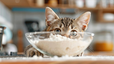 A playful kitten curiously peers over a bowl filled with flour in a home kitchen, adding a touch of whimsy.の素材