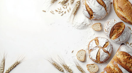 Top view of various artisan breads arranged on a white background, accompanied by wheat stalks and a bowl of flour.の素材