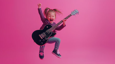 A joyful young girl jumps in the air while enthusiastically playing a black electric guitar against a vibrant pink background, capturing the essence of childhood energy and fun.の素材
