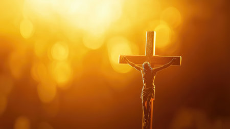 Jesus on the cross illuminated by a radiant golden light, symbolizing sacrifice and redemption.の素材
