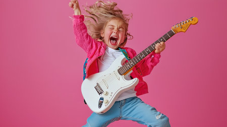 A lively young girl joyfully plays an electric guitar, exuding energy and happiness against a vibrant pink backdrop.の素材