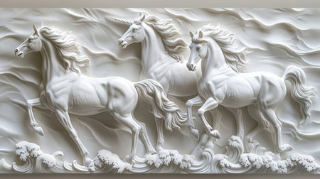 Elegant white wall decoration features detailed sculptures of galloping horses in a dynamic relief style.の素材