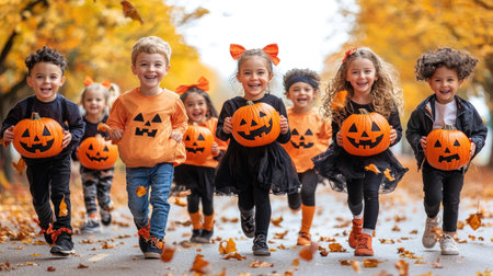 A group of children in Halloween costumes joyfully running outdoors, each holding a jack-o-lantern, celebrating the festive season in autumn.の素材