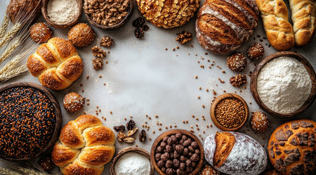 Top view of various artisan breads arranged on a white background, accompanied by wheat stalks and a bowl of flour.の素材