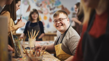 The image shows a young man with Down syndrome smiling and engaging in an art workshop with friends.の素材