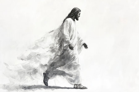 Artistic depiction of Jesus walking peacefully, isolated on a white background.の素材