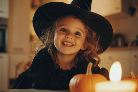 A joyful child in a witch hat, smiling brightly between glowing jack-o-lanterns, celebrating Halloween indoors.の素材