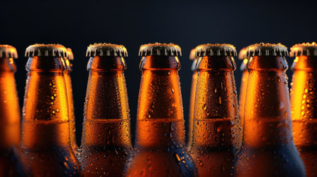 The image showcases a row of chilled beer bottles with condensation droplets, highlighting their refreshing quality.の素材