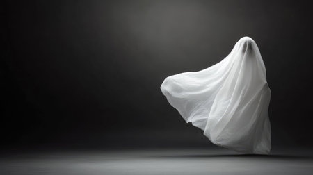 A ghostly figure shrouded in white floats eerily against a dark backdrop, perfect for Halloween.の素材