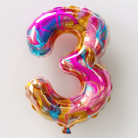 A vibrant, colorful balloon in the shape of the number 3, isolated on a white background.の素材