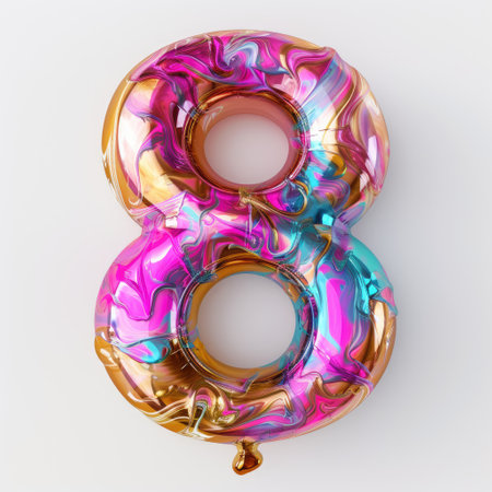A colorful and shiny balloon shaped as the number 8, perfect for various celebrations and events, isolated on a white background.の素材