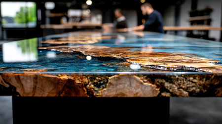 A close-up of a polished, glossy epoxy table showing intricate wood detailing and elegant craftsmanship.の素材