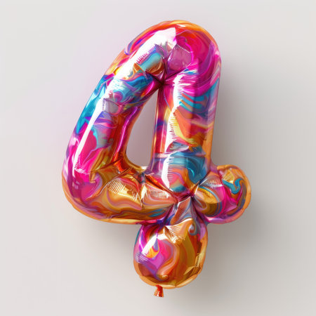 A vibrant, colorful balloon shaped as the number 4, isolated on a white background.の素材