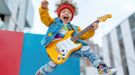 A cheerful young boy energetically jumps while playing an electric guitar outdoors, radiating joy and excitement.の素材