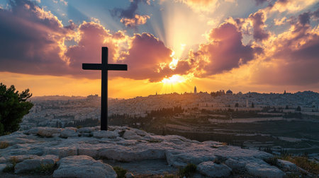 A dramatic silhouette of a cross at sunset over Jerusalem, symbolizing faith and resurrection.の素材