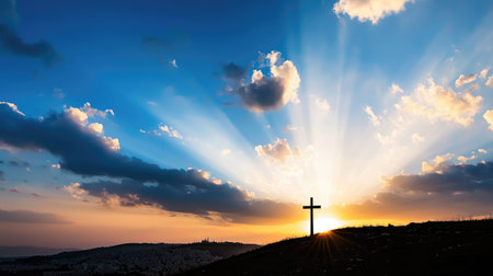 A dramatic silhouette of a cross at sunset over Jerusalem, symbolizing faith and resurrection.の素材
